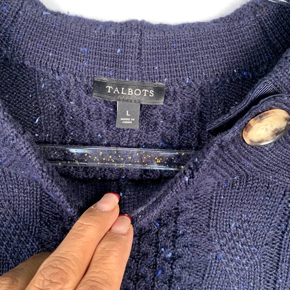 Talbots Blue Speckled Cotton Blend‎ Side Button Cable Knit Sweater Poncho L - Picture 4 of 9